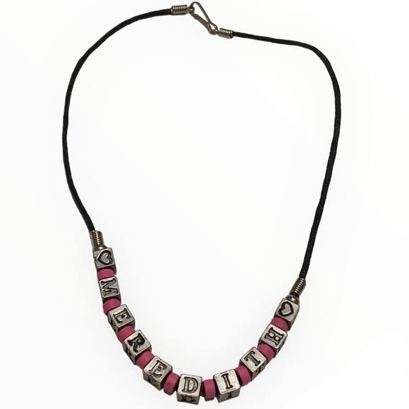 Vintage PEWTER Letter & Heart Cubes with Pink Acrylic beads Necklace 16” Black - Picture 3 of 9